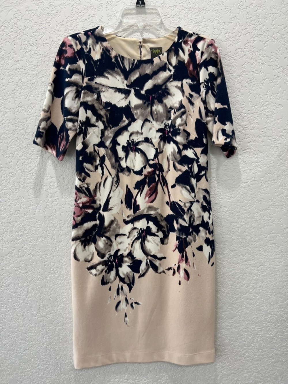 Taylor Cream Floral Midi Sheath Dress with Navy and Pink Accents